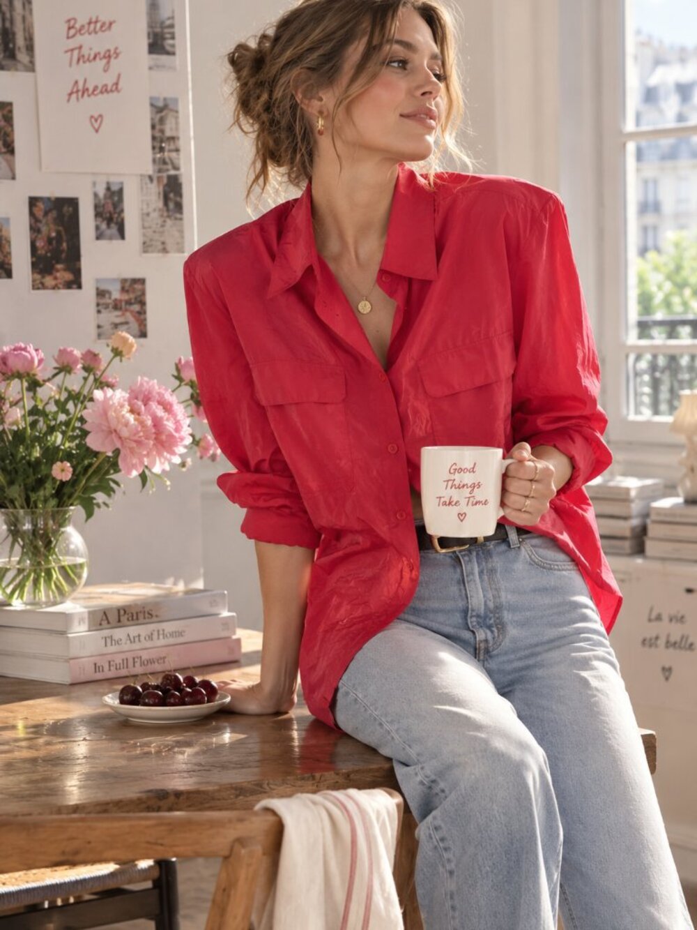 NWT Vintage Christie & Jill 100% Silk Red Boxy Shoulder Pad Blouse Size S